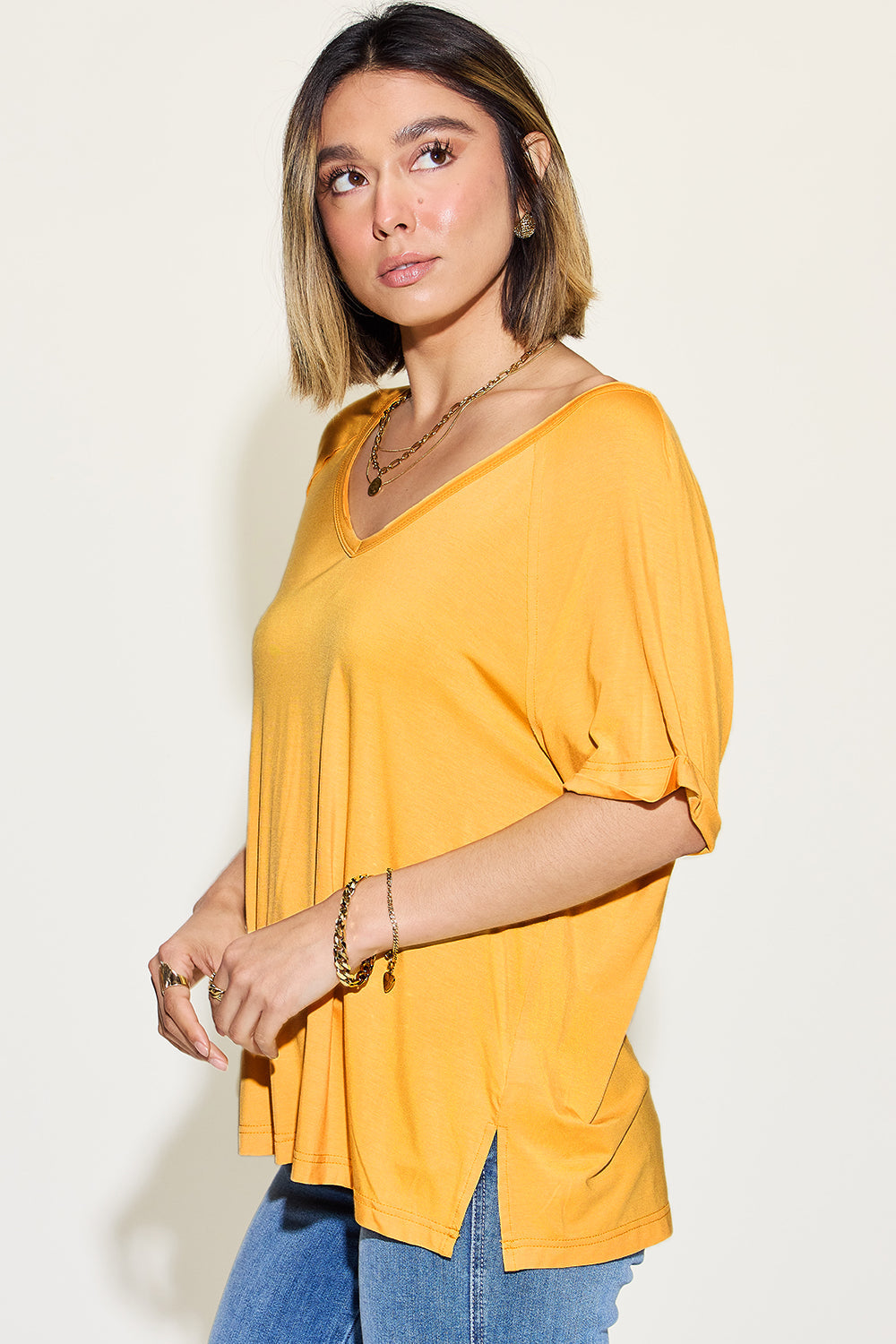 Bamboo T-Shirt with Slit and V-Neck