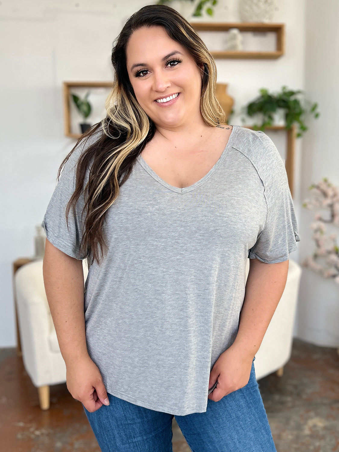 Bamboo T-Shirt with Slit and V-Neck