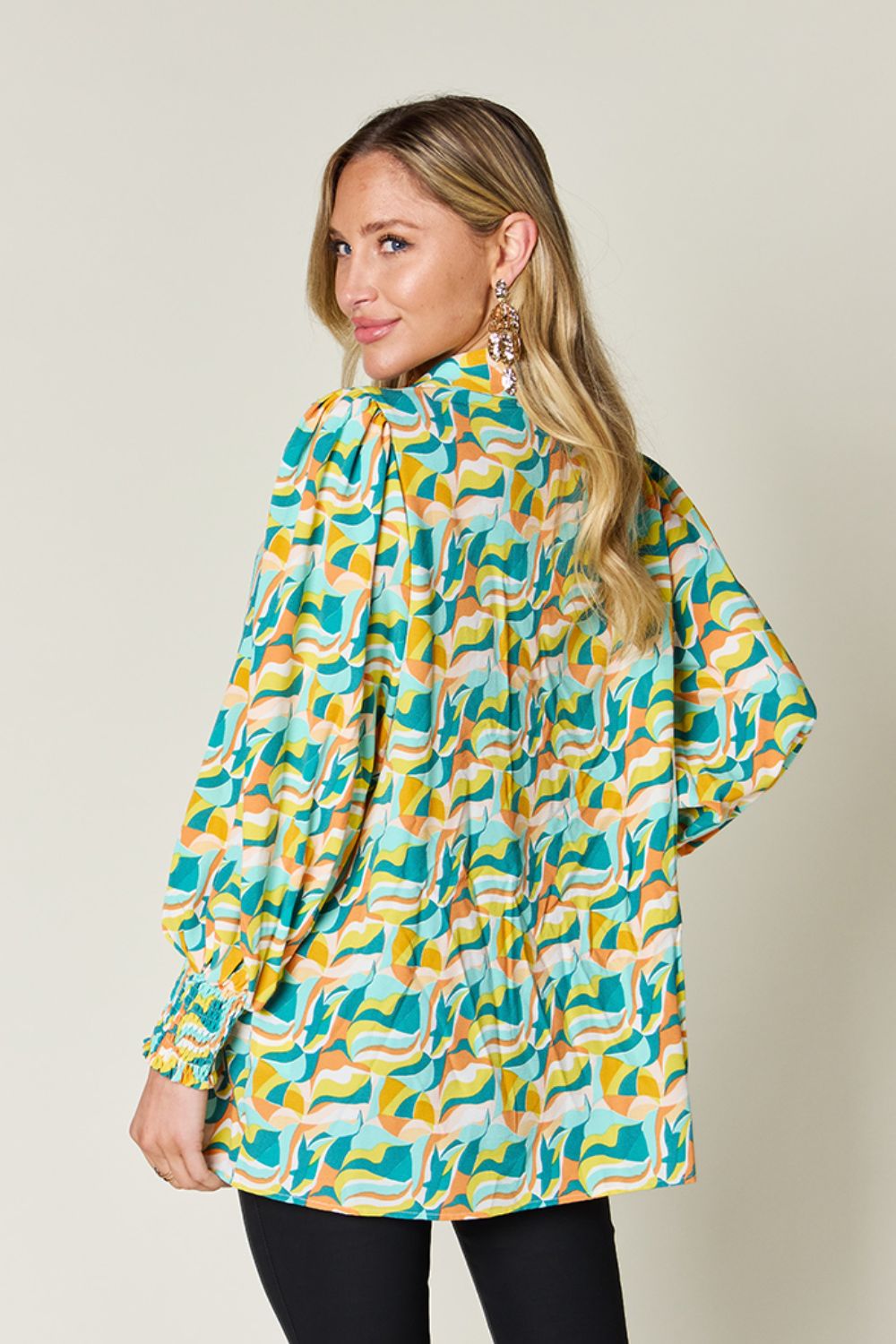 Printed Blouse with Smocking and Long Sleeves