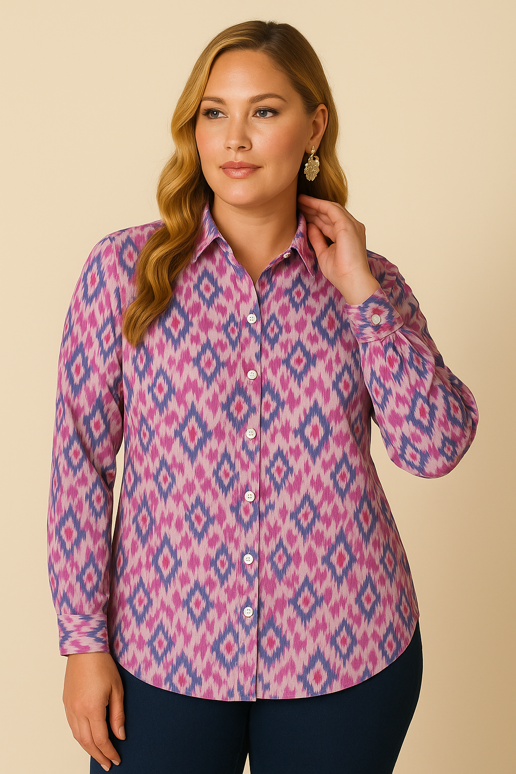Double Take Full Size Printed Smocked Long Sleeve Blouse