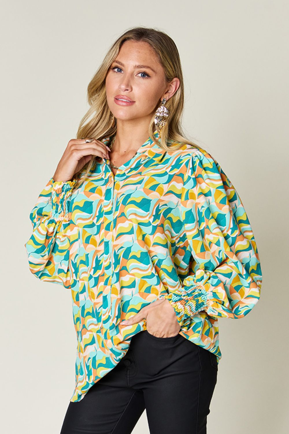 Printed Blouse with Smocking and Long Sleeves