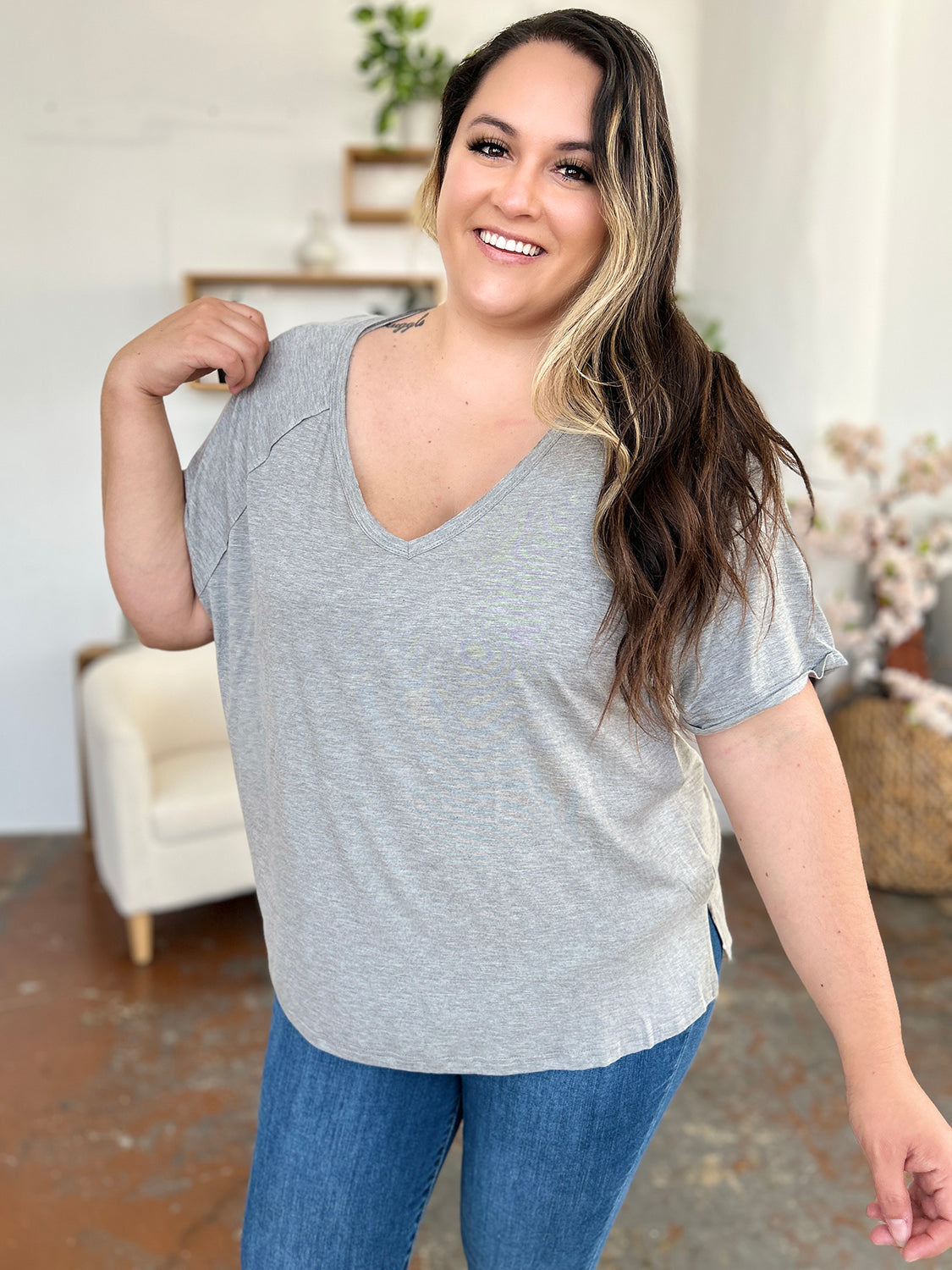 Bamboo T-Shirt with Slit and V-Neck