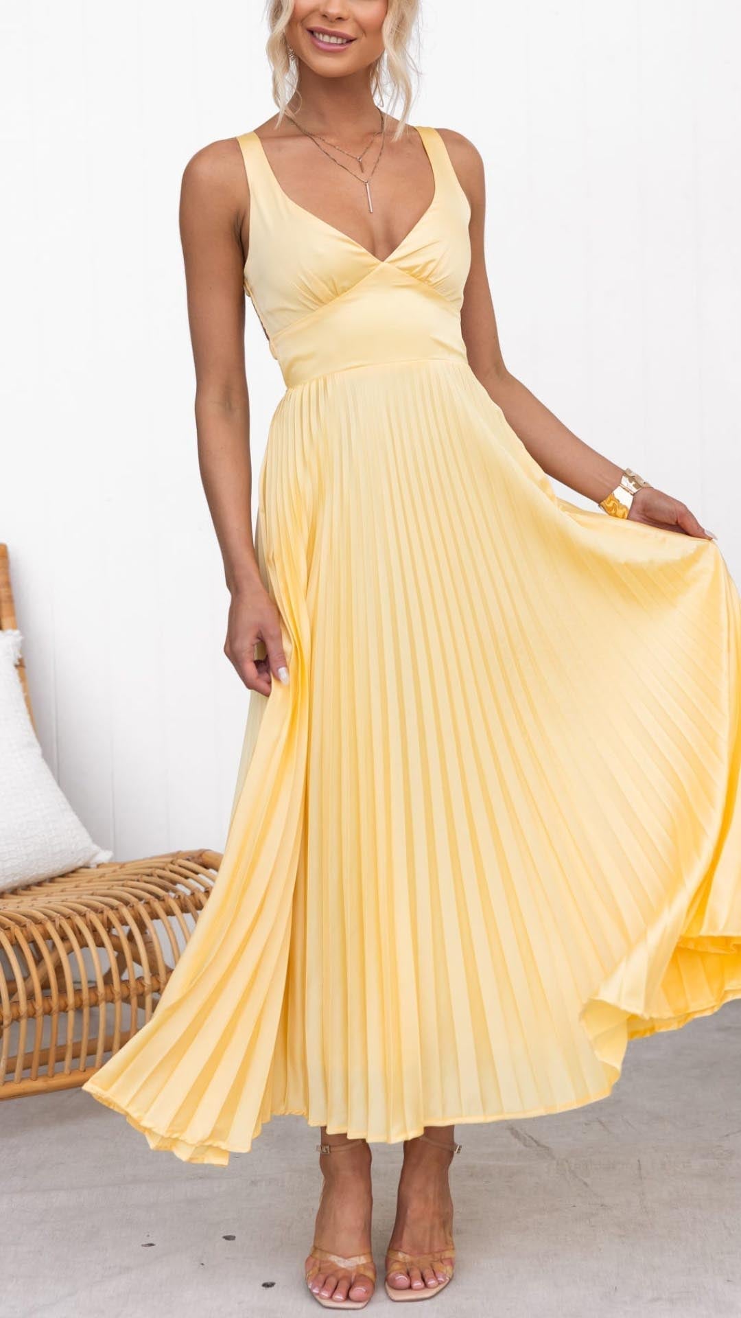 Aby - Yellow V-Neck Maxi Dress