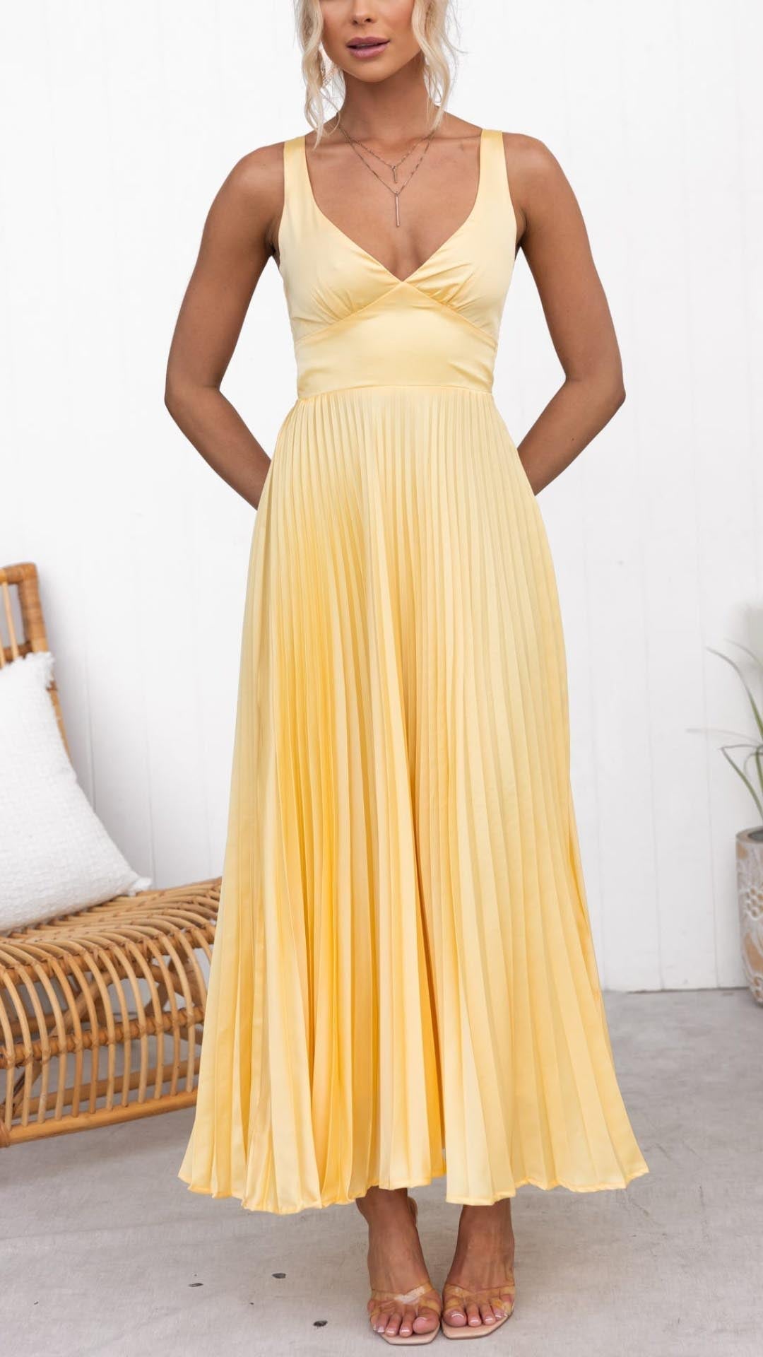 Aby - Yellow V-Neck Maxi Dress