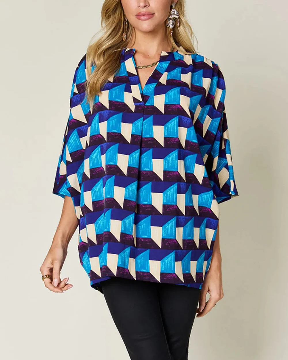 Geometric Blouse with Half Sleeves and V-Neck