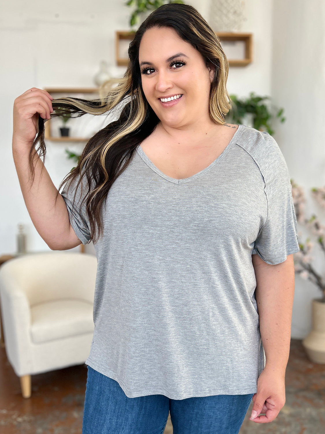 Bamboo T-Shirt with Slit and V-Neck